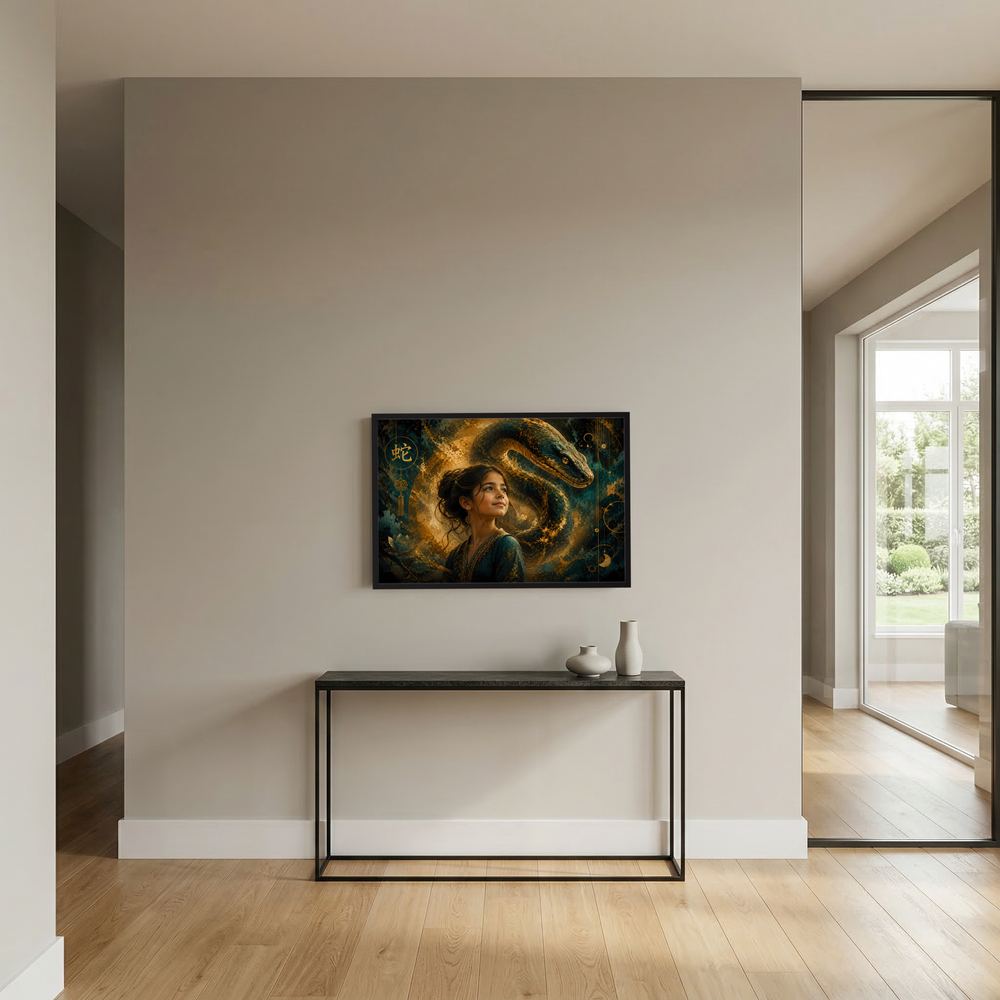 Gerahmtes Fantasy-Poster im Querformat: Frau mit grüner Schlange, Gold- und Petroltönen