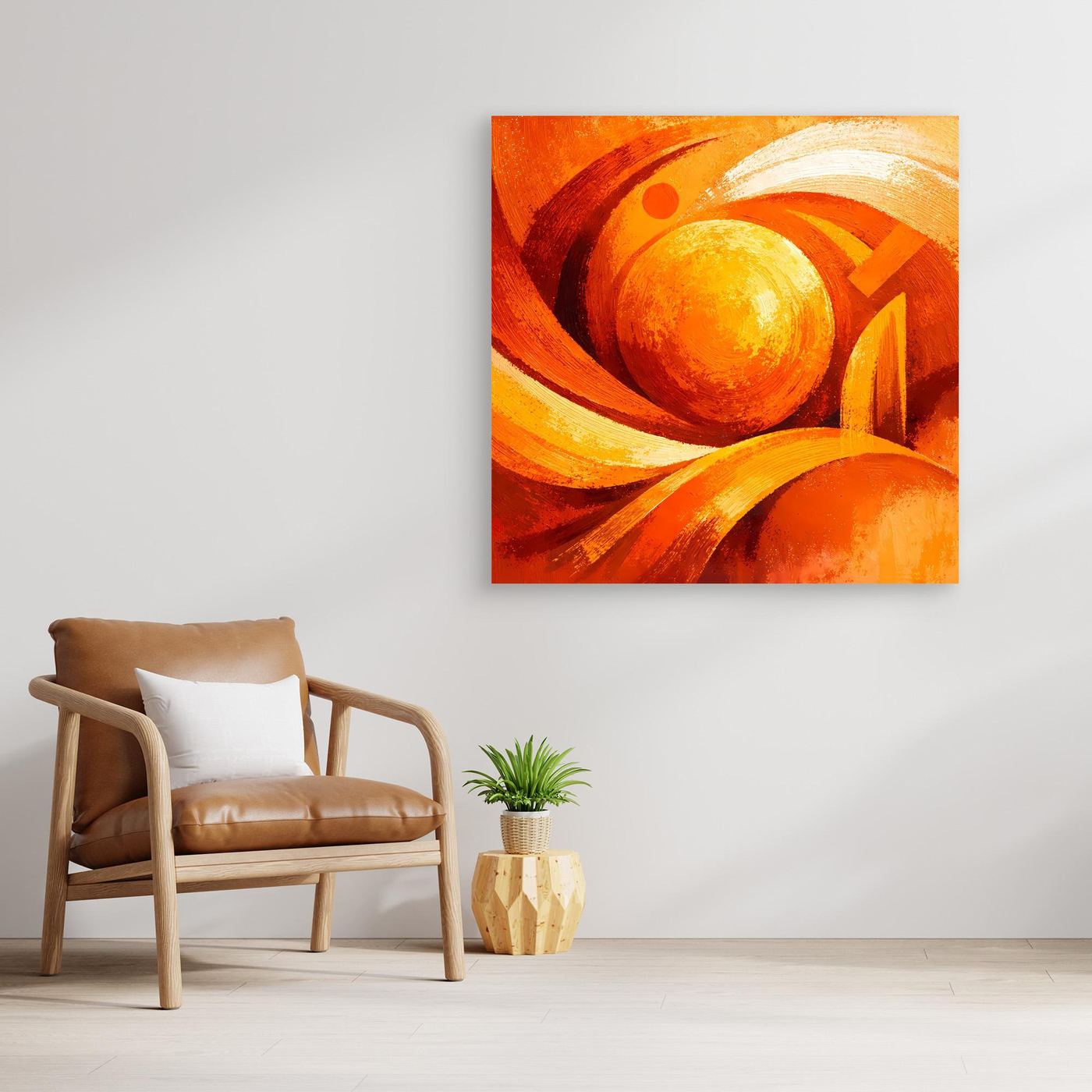 Quadratisches Wandbild mit wirbelnder Sonne, orange und Gelb, brauner Holzrahmen