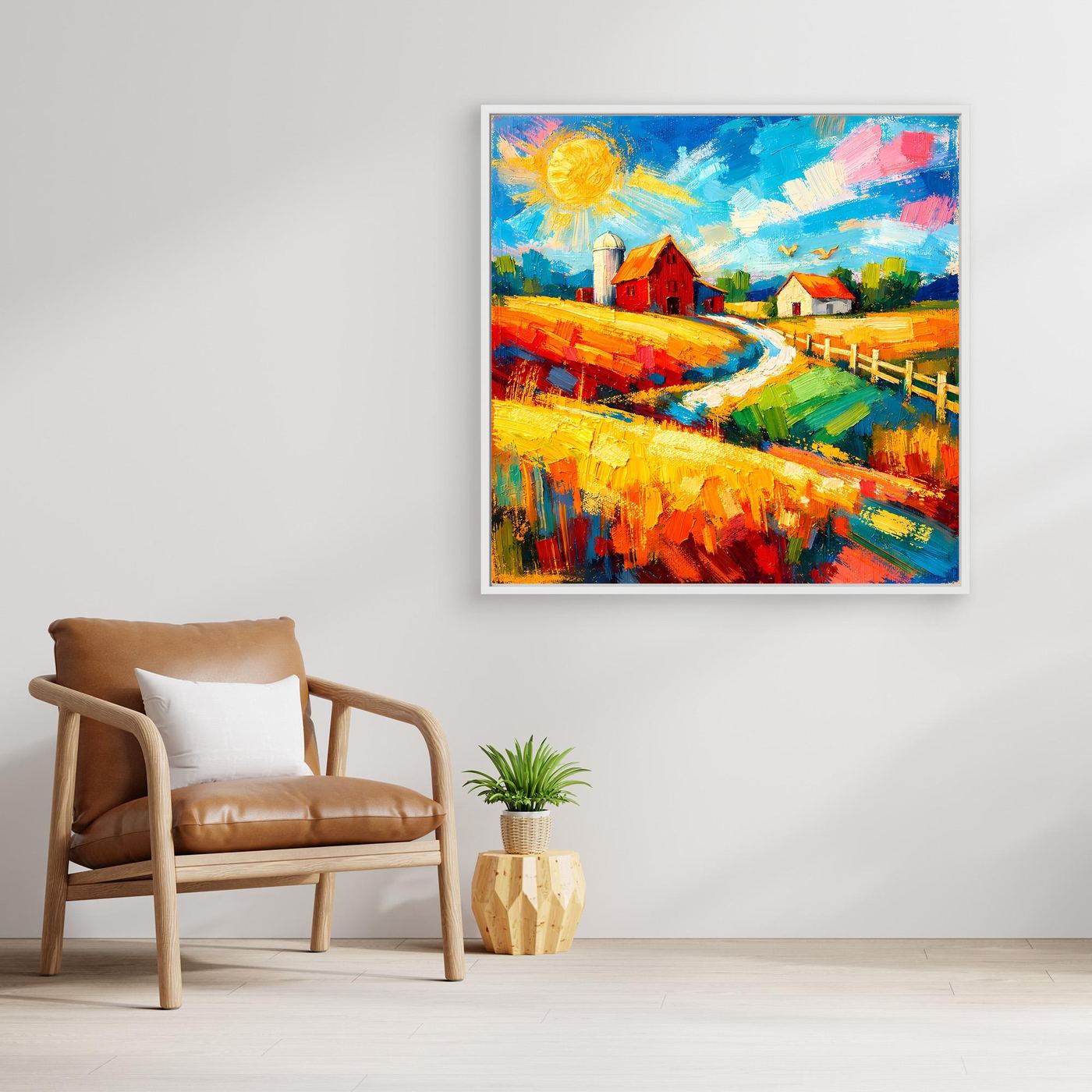Leinwandbild mit hellem Holzrahmen: roter Hof, bunte Felder und Zaun
