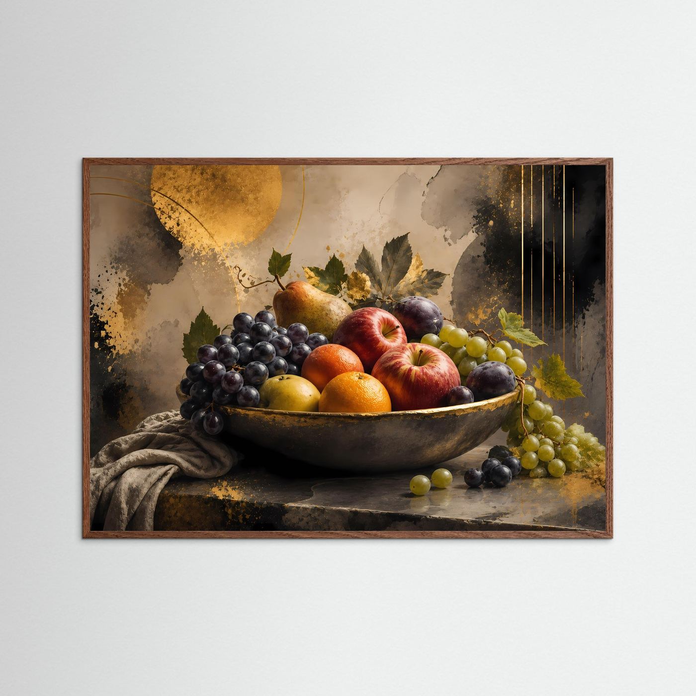Querformat-Poster: Obstschale mit Trauben, Äpfeln, Orangen und Birne im dunkelbraunen Rahmen