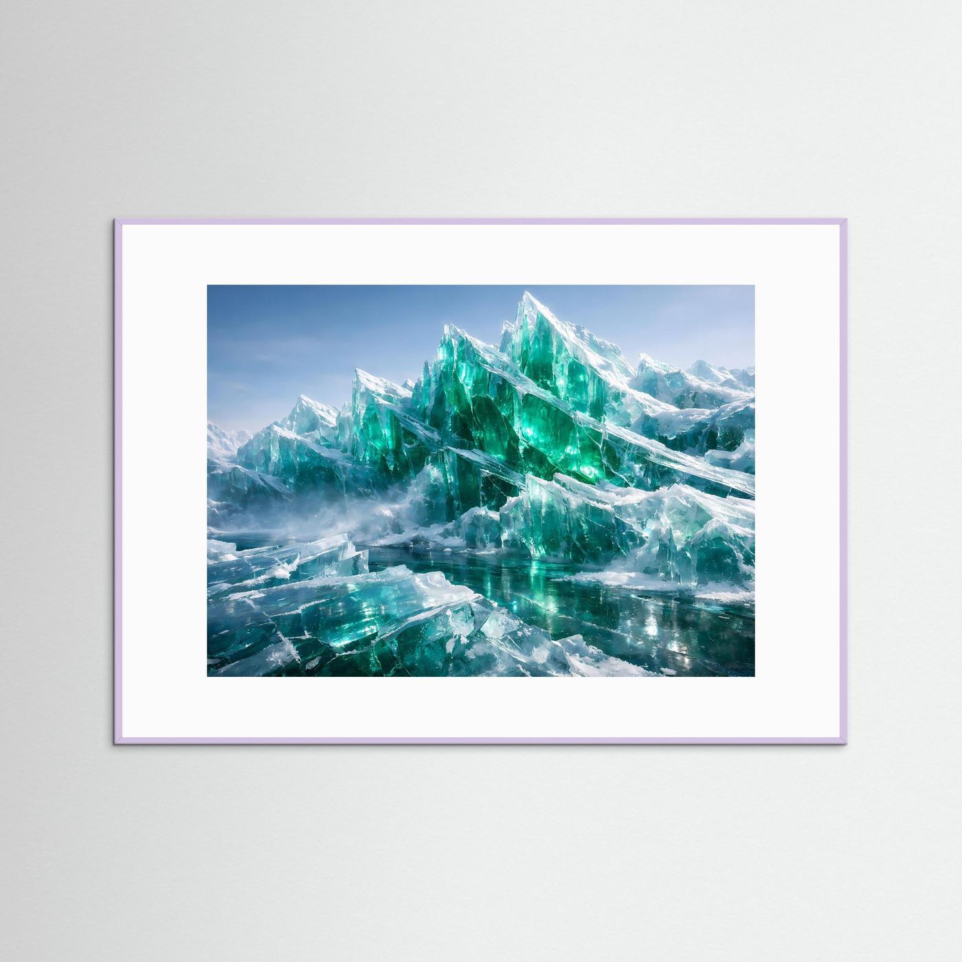 Poster mit smaragdgrünen Eisbergen, lila Rahmen, weiße Einfassung