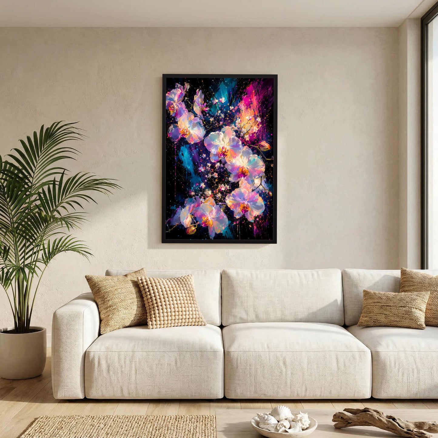 Orchideen-Abstraktposter im schwarzen Rahmen, leuchtende Blüten in Rosa, Türkis und Gold
