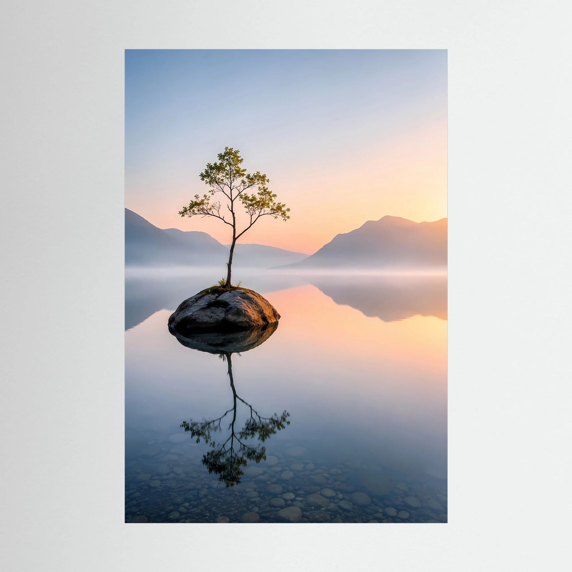 Kunstposter im Hochformat: Baum auf Steininsel im Bergsee, ruhige Spiegelung bei Sonnenaufgang.