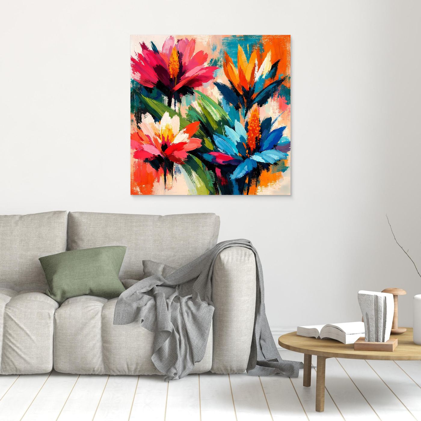 Canvas abstract tropical flower wall art, small square, multicolor blossoms, no frame