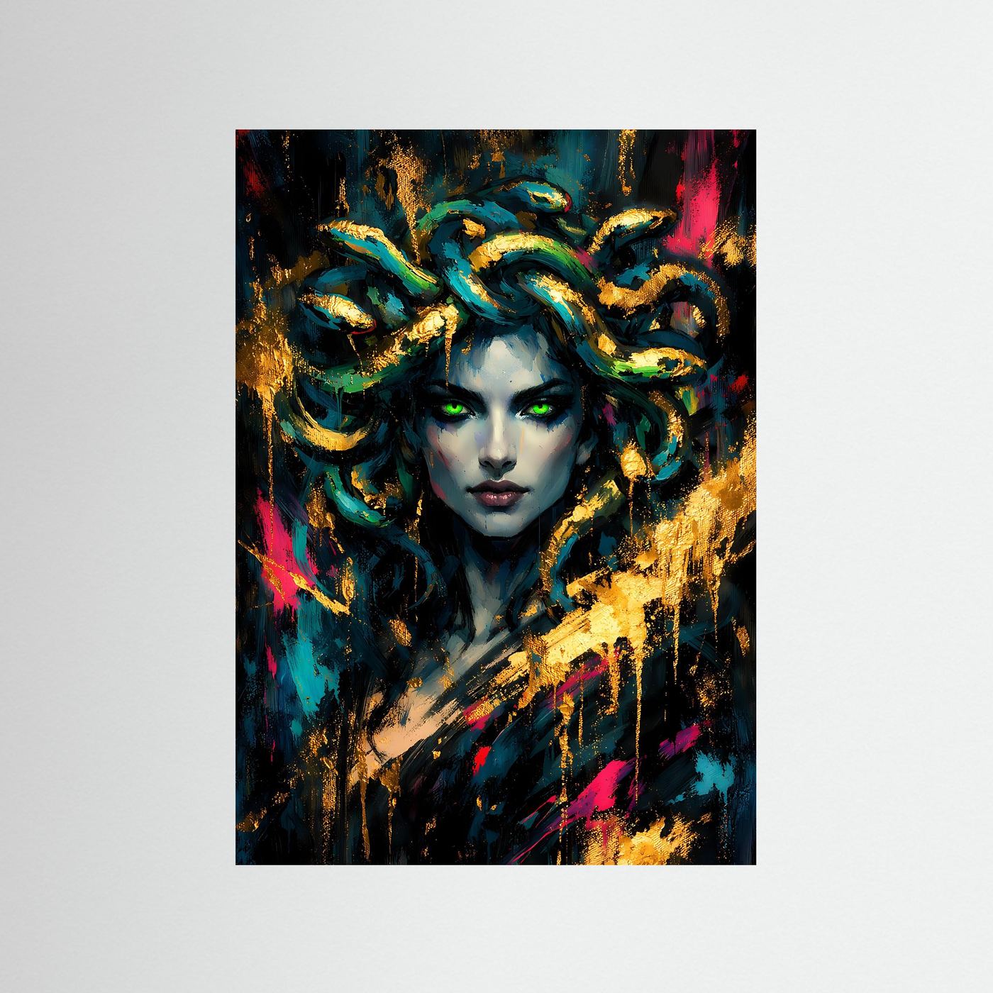 Hochformatiges Fantasy-Poster mit Porträt einer Frau mit Schlangenhaaren in Blau und Gold