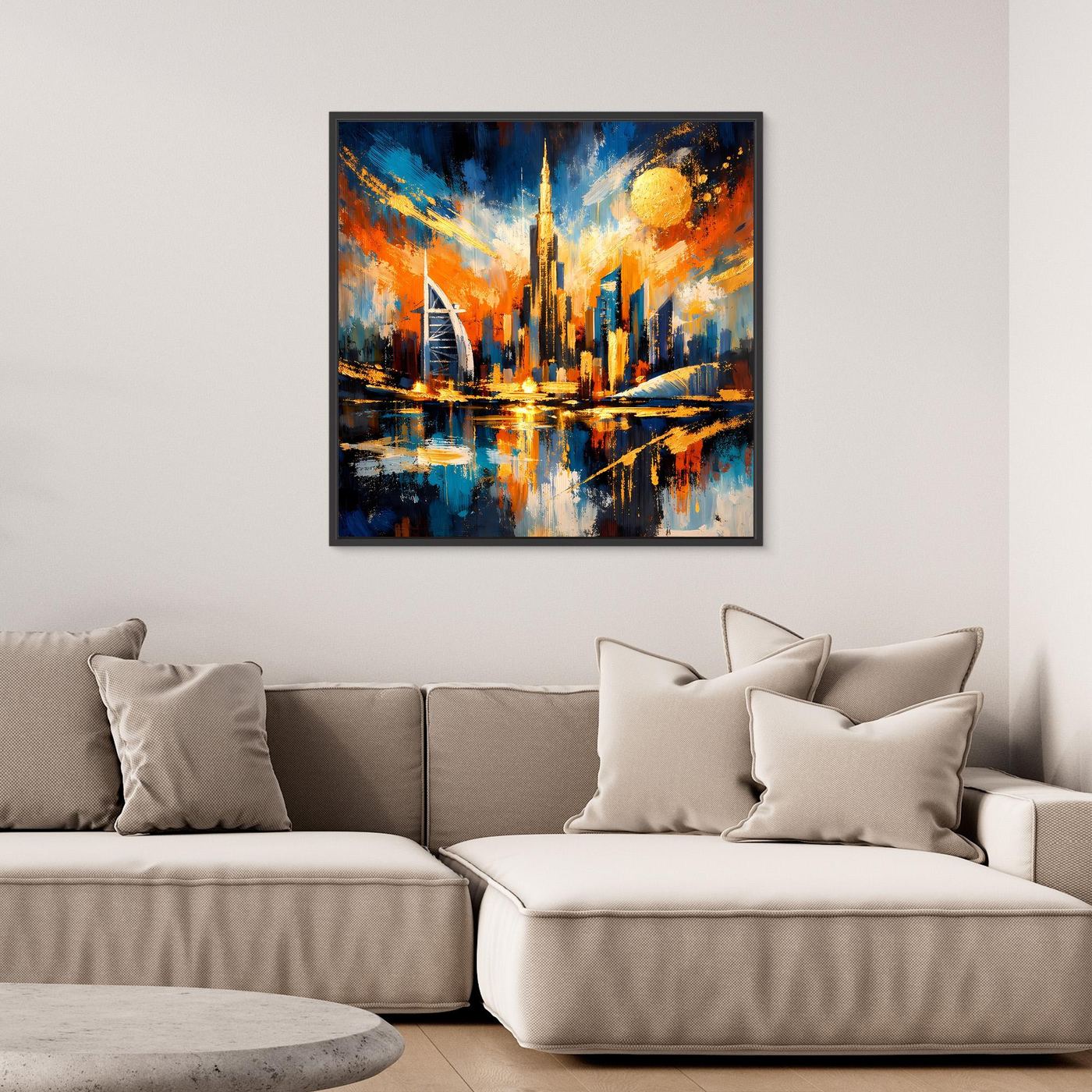 Gerahmtes Leinwandbild mit abstrakter Dubai-Skyline, Blau-Gold, schwarzer Rahmen.