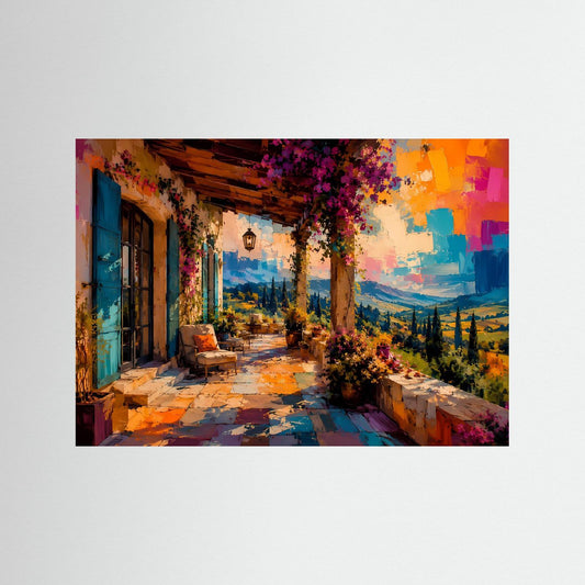 Kunst-Landschaftsposter mit mediterraner Terrasse, blauem Fenster und bunten Blumen, Querformat
