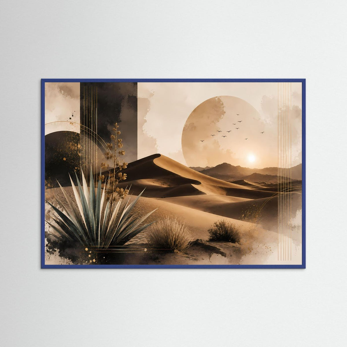 Poster mit Wüstenlandschaft im blauem Rahmen: Sanddünen, Sonne, Pflanzen, Vogelzug
