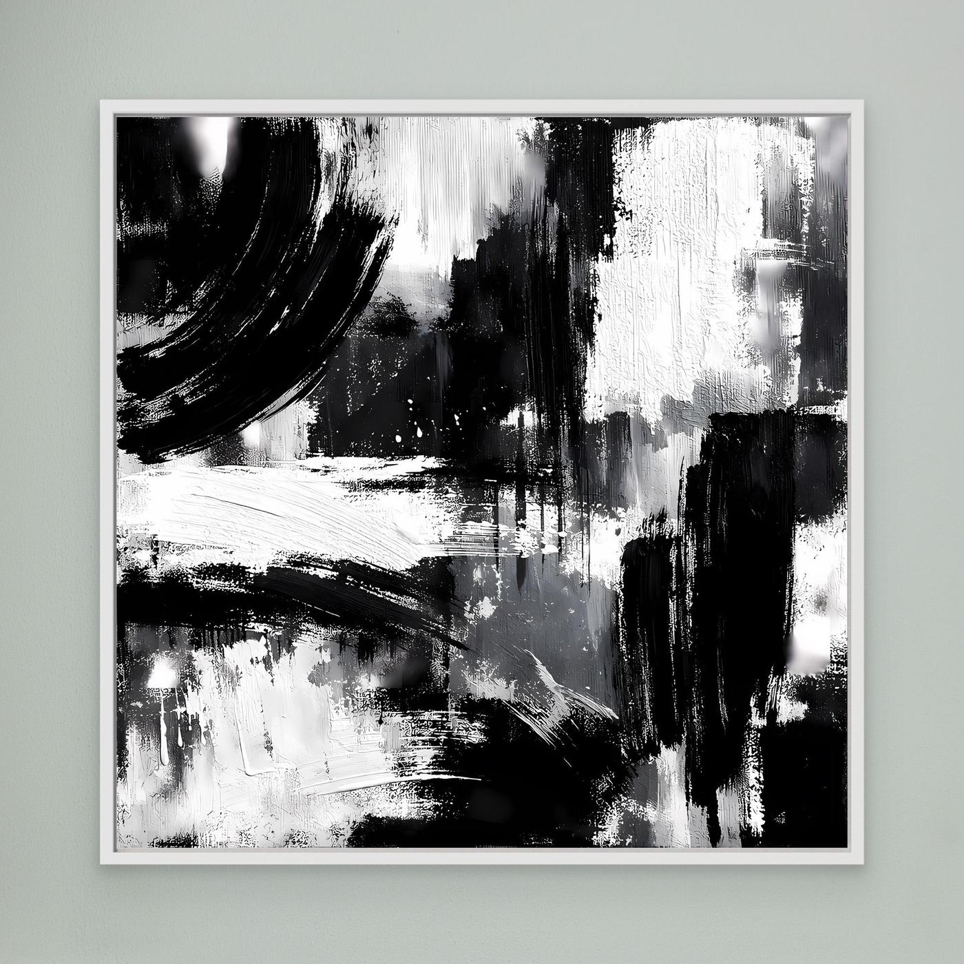 Framed abstract canvas wall art with black-and-white brushstroke blocks and arcs