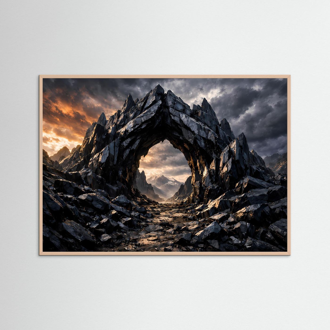 Fantasy-Poster mit Felsbogen aus dunklem Gestein, rosafarbenem Holzrahmen