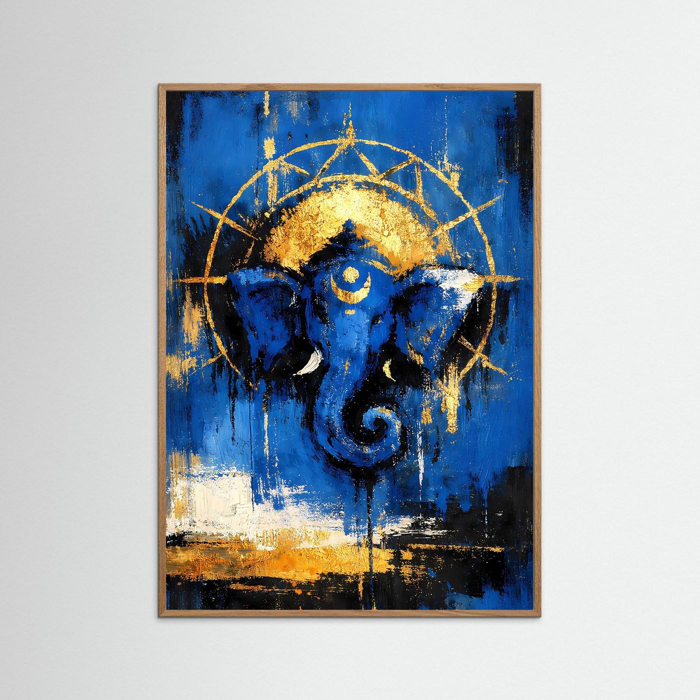 Abstraktes Löwenkopf-Kunstposter mit braunem Holzrahmen, blau-goldenes Motiv, Hochformat