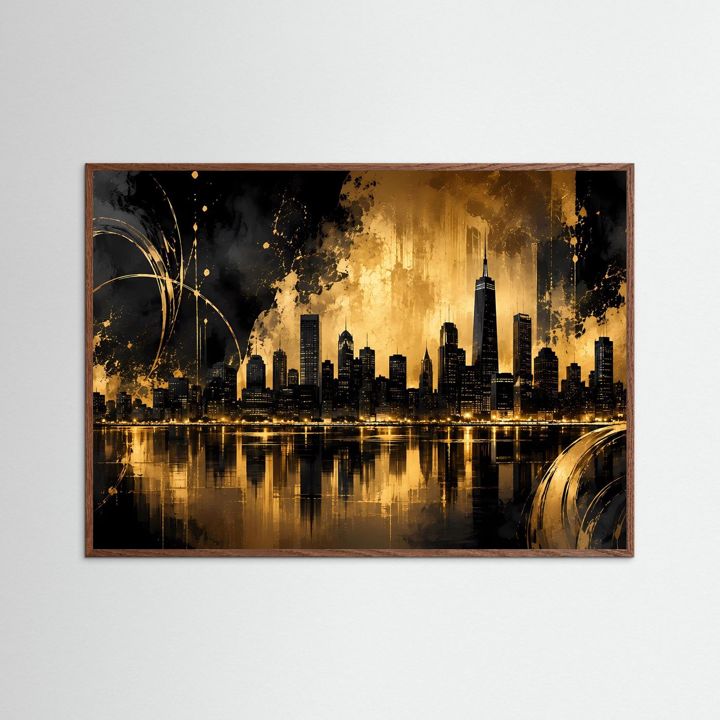 Goldene Skyline bei Nacht | Abstrakte Metropole in Schwarz und Gold mit leuchtender Spiegelung | Luxuriöse moderne City-Wandkunst im Querformat