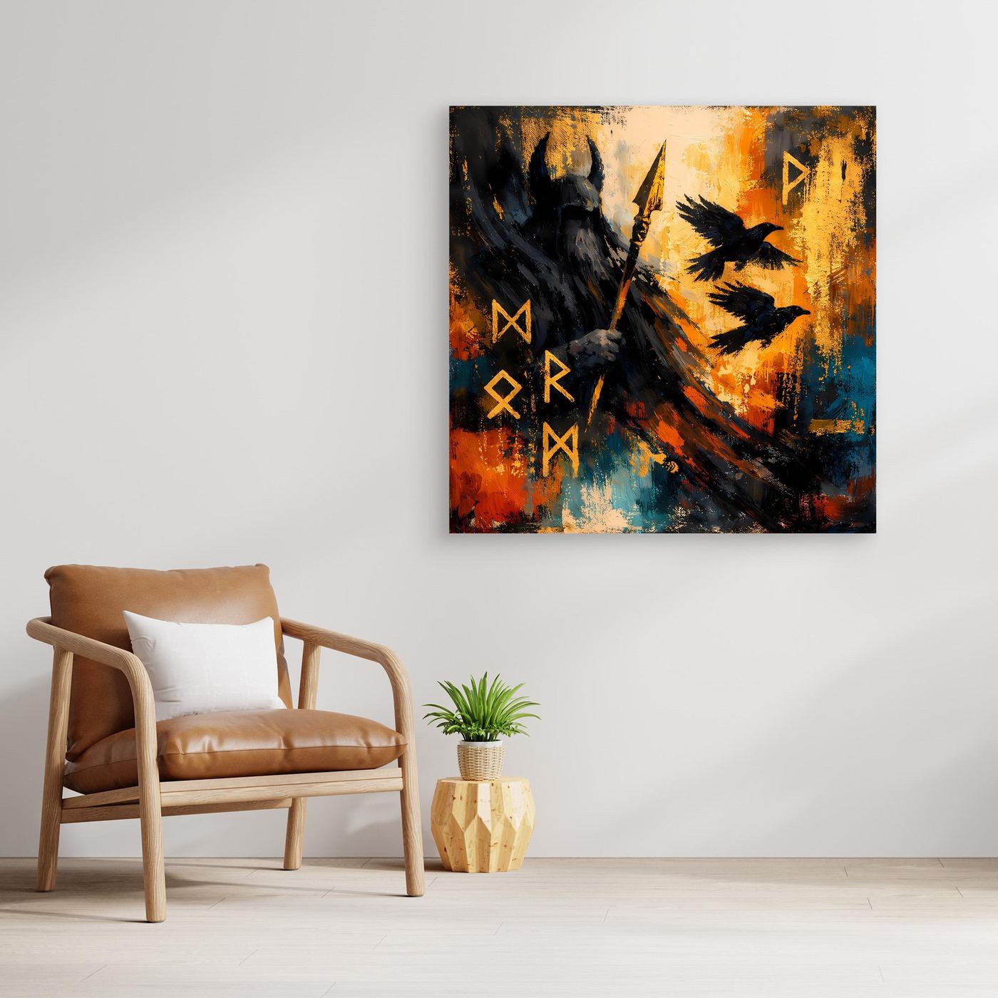 Gerahmtes Leinwandbild mit Odin-Motiv: Rabe, Speer und Runen in Gelb, Orange, Blau