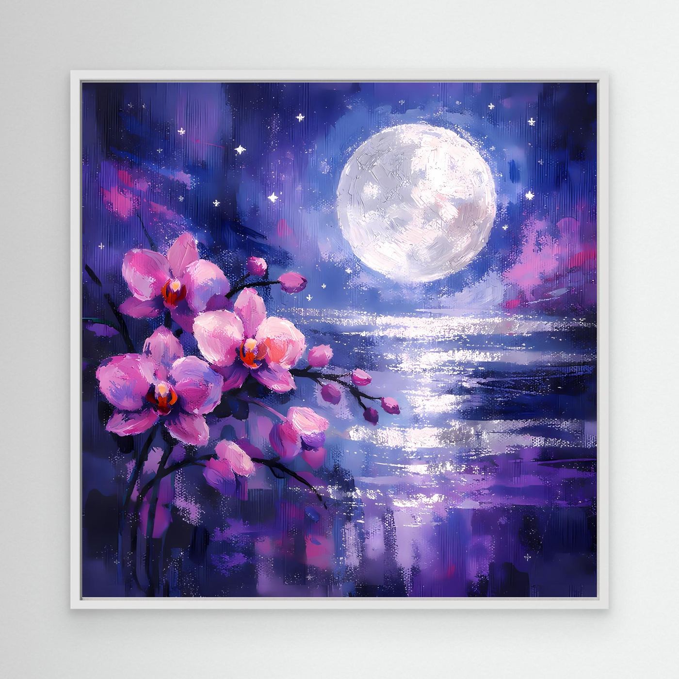 Wandbild auf Leinwand mit rosa Orchideen, großer weißer Mond über Wasser; weißer Rahmen