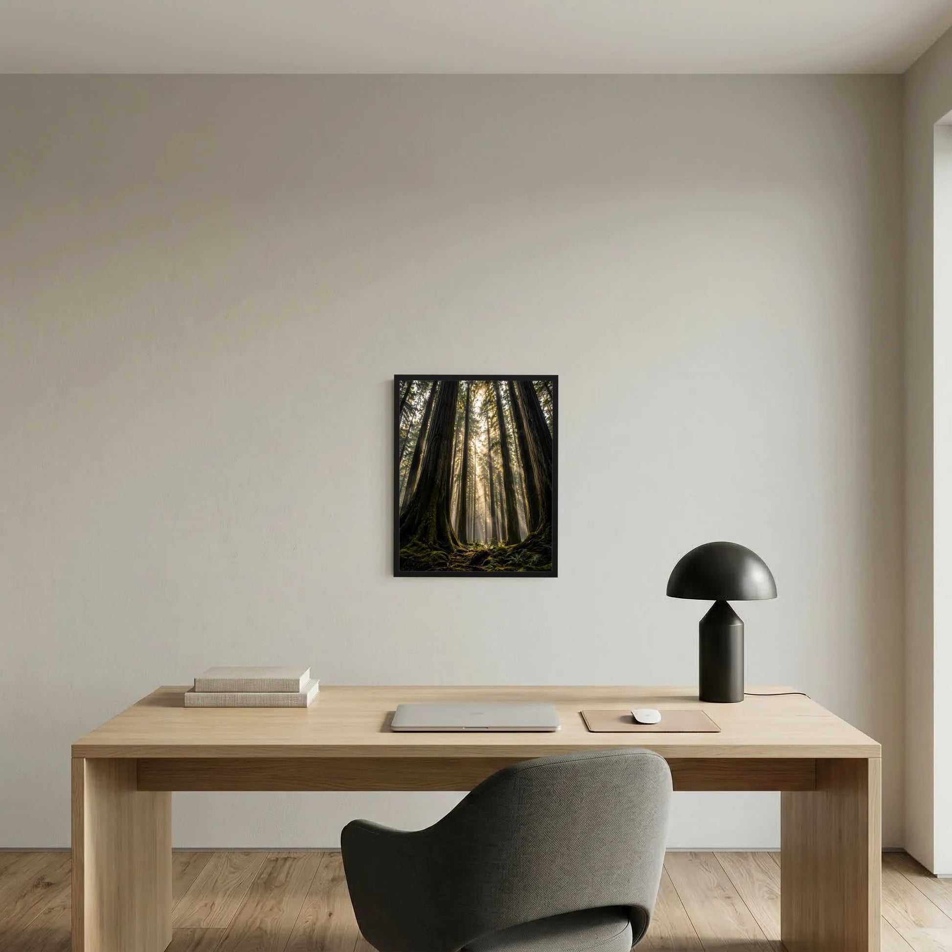 Gerahmtes Wandposter mit Redwood-Wald und Sonnenstrahlen im Blick nach oben