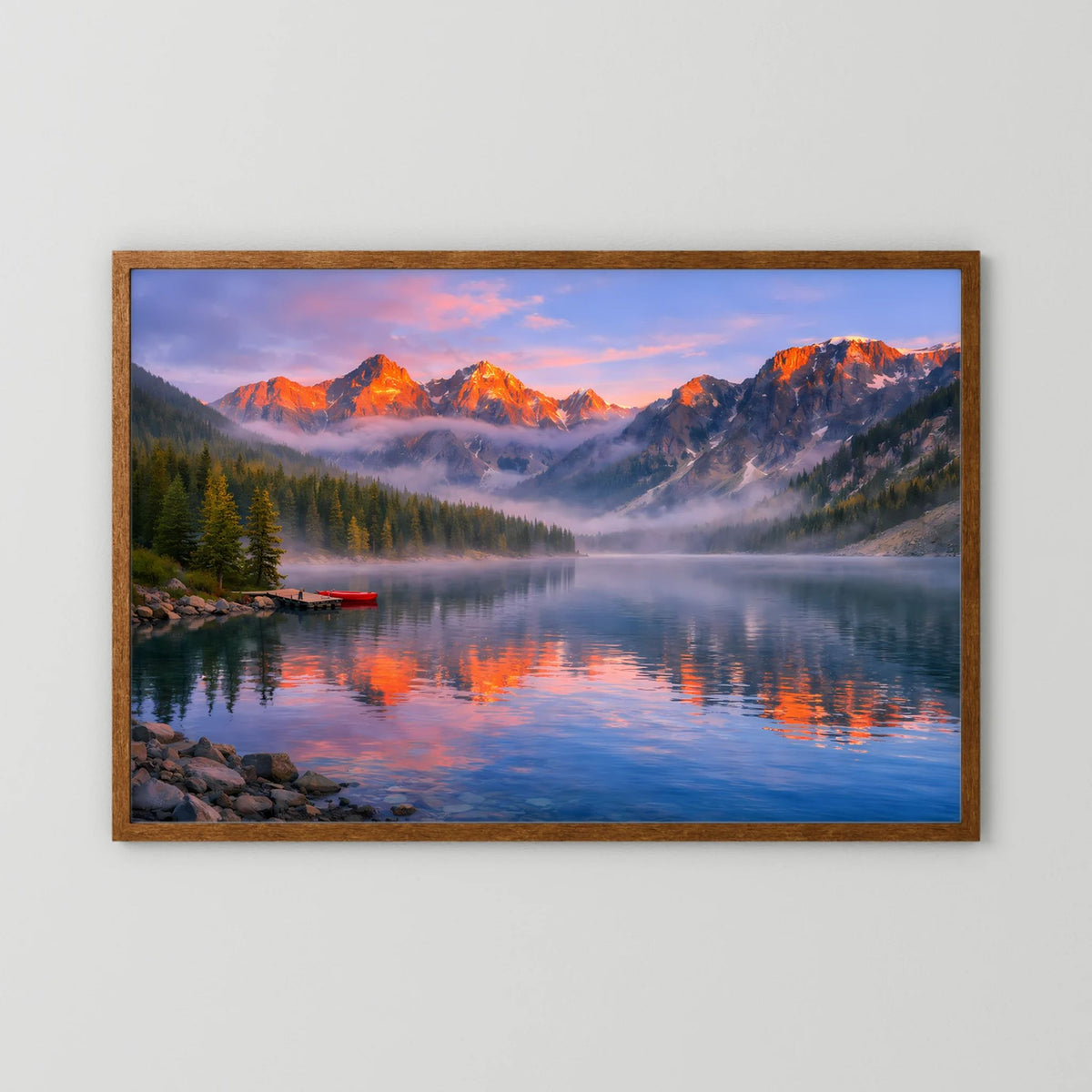 Querformatiges Wandbild mit Alpen-See-Landschaft bei Sonnenuntergang im Holzrahmen
