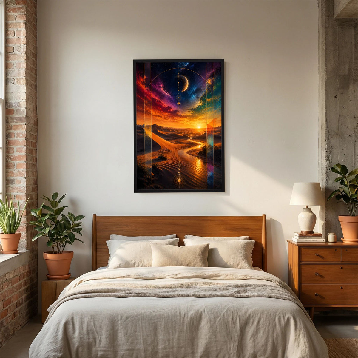 Poster Hochformat mit schwarzem Rahmen: futuristische Wüste, goldener Sonnenuntergang, Mond.