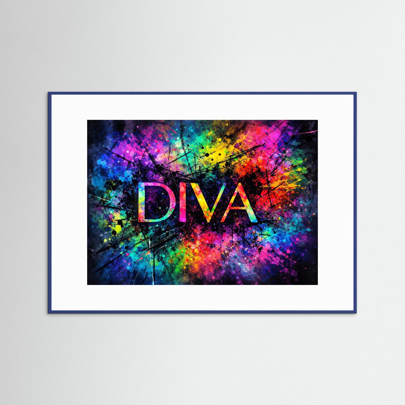 Wandbild mit DIVA-Schriftzug und Farbspritzer-Design, weißer Rahmen