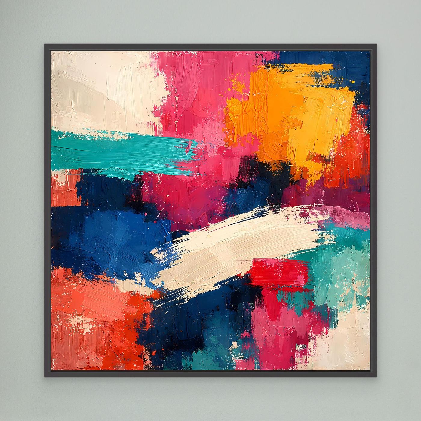Abstraktes Leinwand-Wandbild mit kräftigen Farbstrichen in Pink, Gelb und Blau, im schwarzen Rahmen
