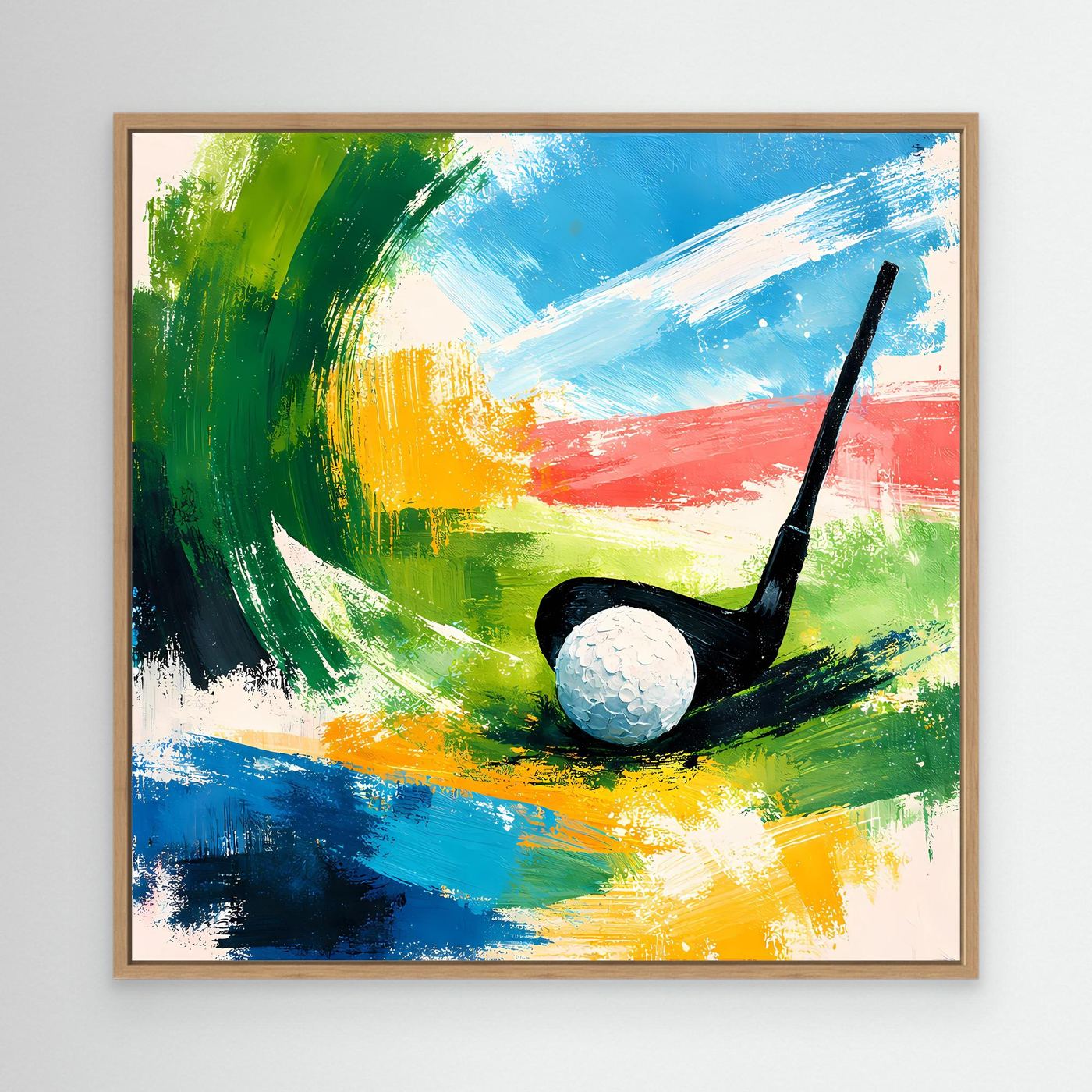 Abstraktes Leinwand-Wandbild mit Golfschläger und Ball in Eichenrahmen, grün-blau-gelb-rot.
