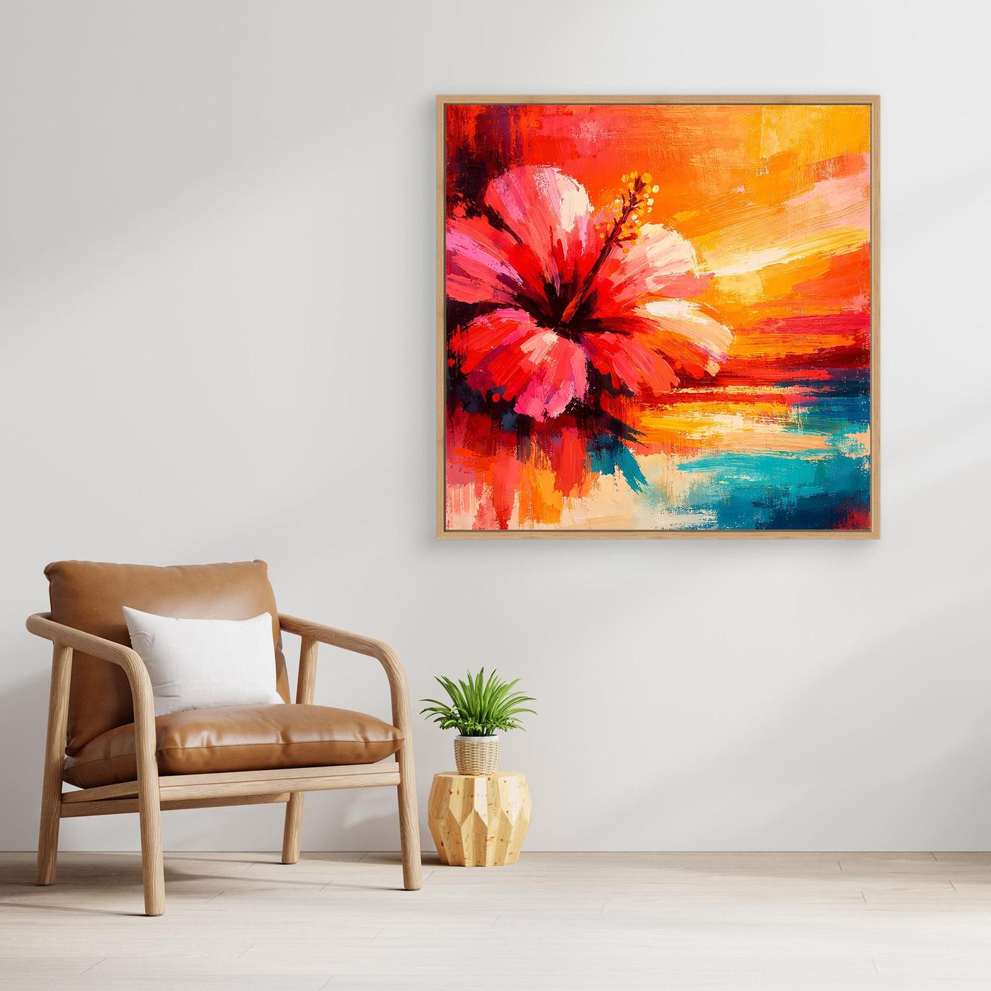 Leinwand Abstraktes Hibiskusblütenbild am Meer | Modernes Küsten Wandbild Bunt
