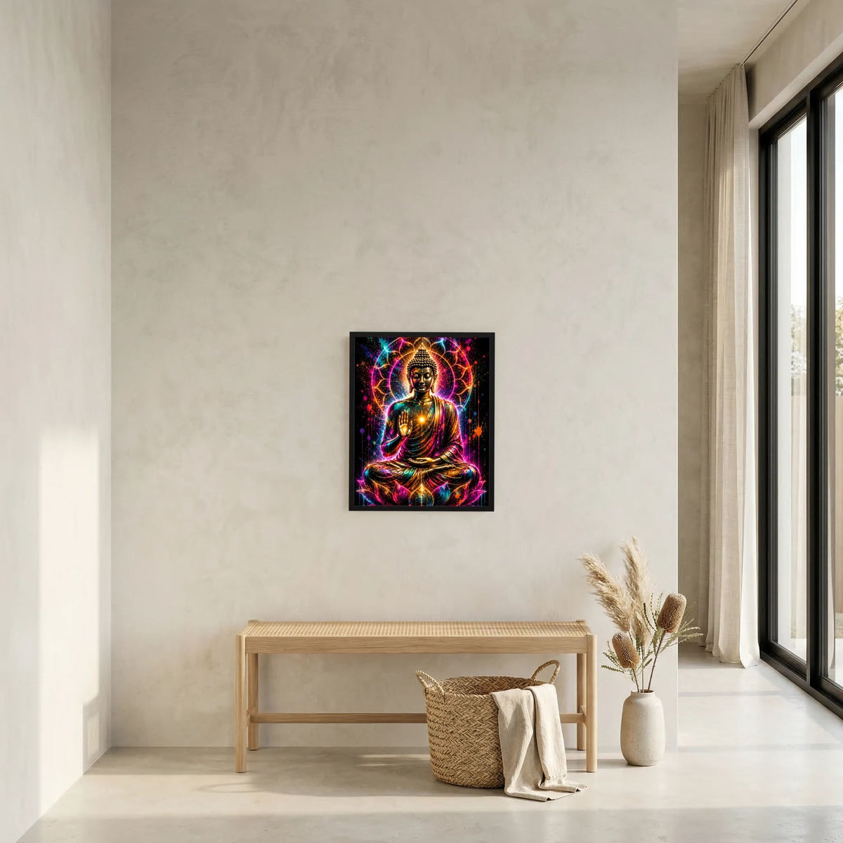 Neon-Buddha-Poster im schwarzen Rahmen: Buddha im Lotussitz, bunte Neon-Ornamente