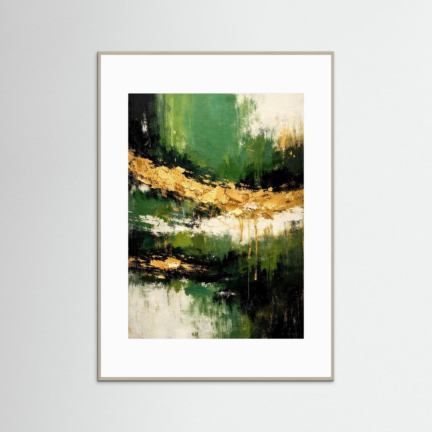 Abstraktes Poster im Hochformat mit Landschaftsmotiv, moosgrün und goldfarben, grauer Rahmen