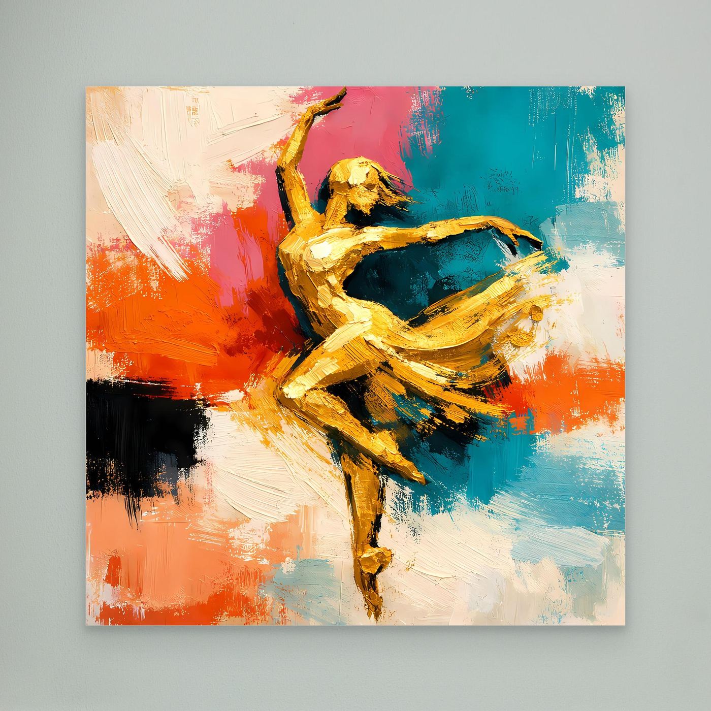 Leinwand Elegante Goldene Tänzerin im Flug | Abstraktes Ballett & Modern Art Wandbild