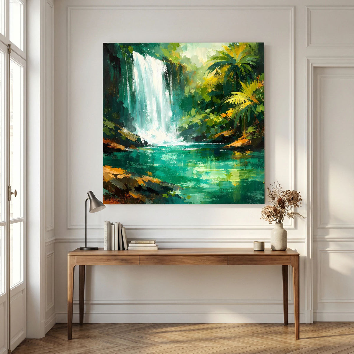 Leinwand-Wandbild mit Wasserfall und Dschungelvegetation, grün-türkiser Fluß und Palmen