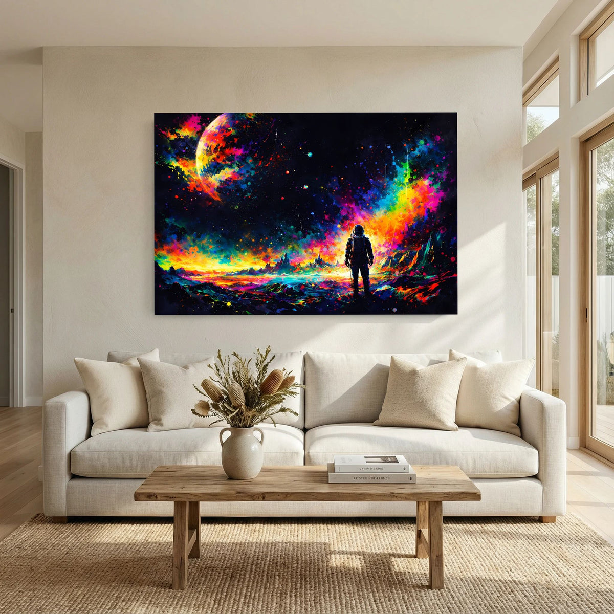 Neon-Kosmos-Wandbild mit Astronaut und leuchtenden Farbnebeln im Querformat