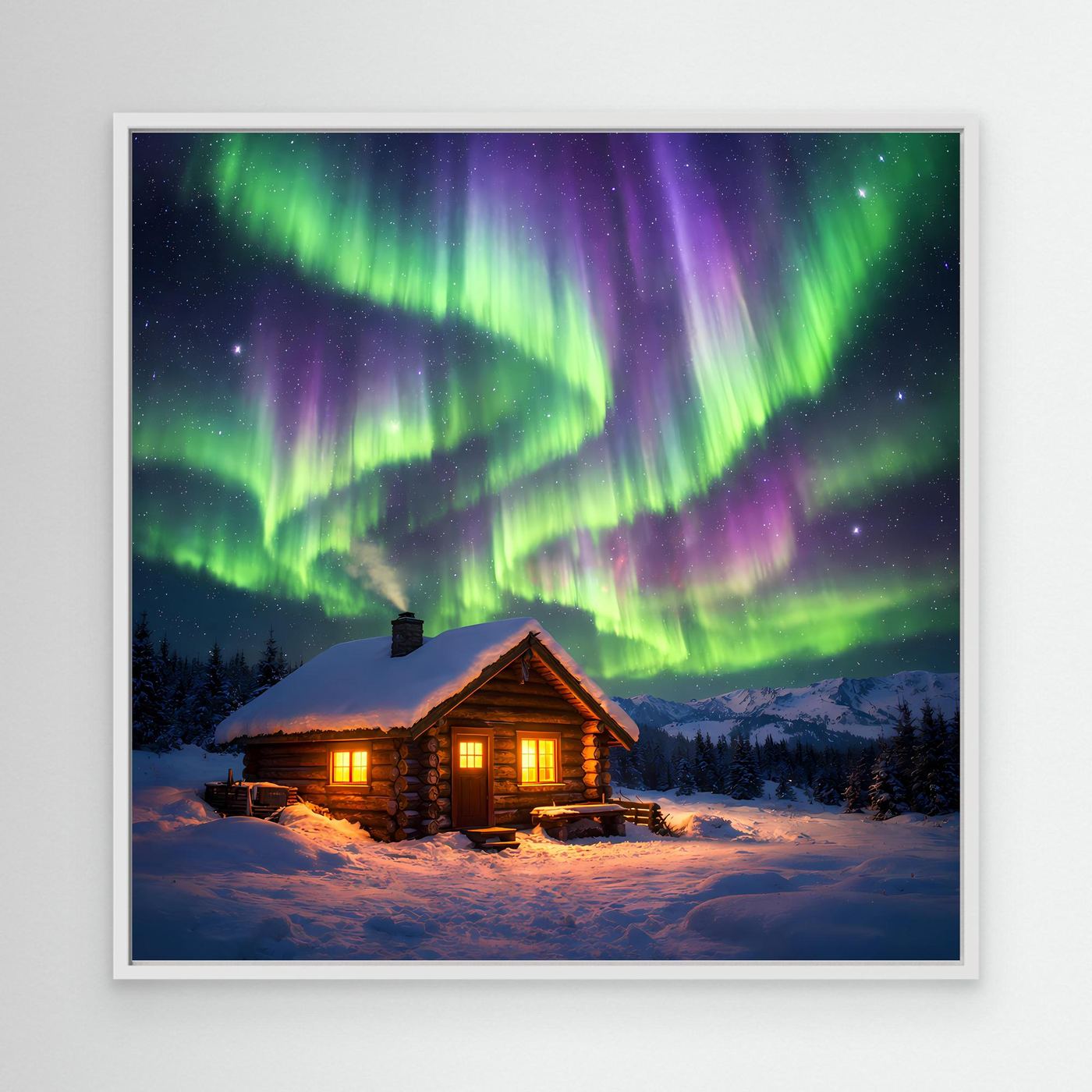 Leinwandbild mit Polarlichtern und Hütte im Winter, weißer Rahmen, warmes Fensterlicht