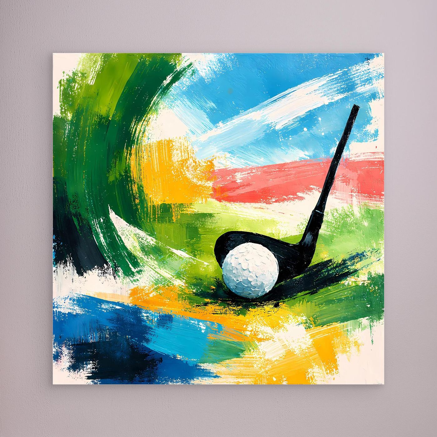 Abstraktes Golf-Wandbild auf Leinwand mit schwarzem Schläger und weißem Ball, rahmenlos