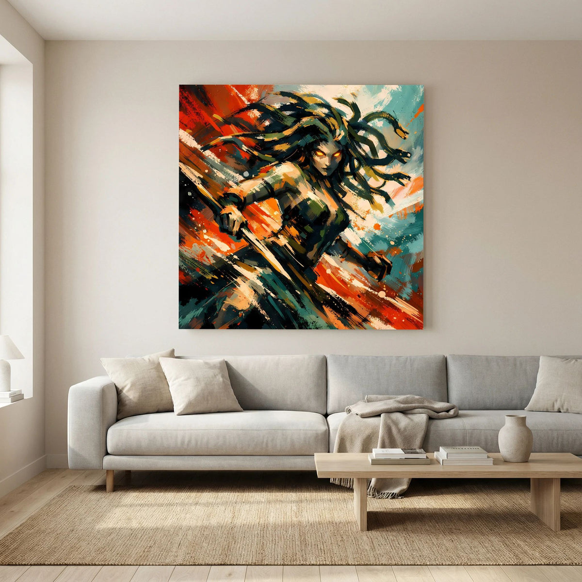 Leinwandbild mit Medusa, dynamische Diagonalen und Sprühflecken in Orange und Blaugrün
