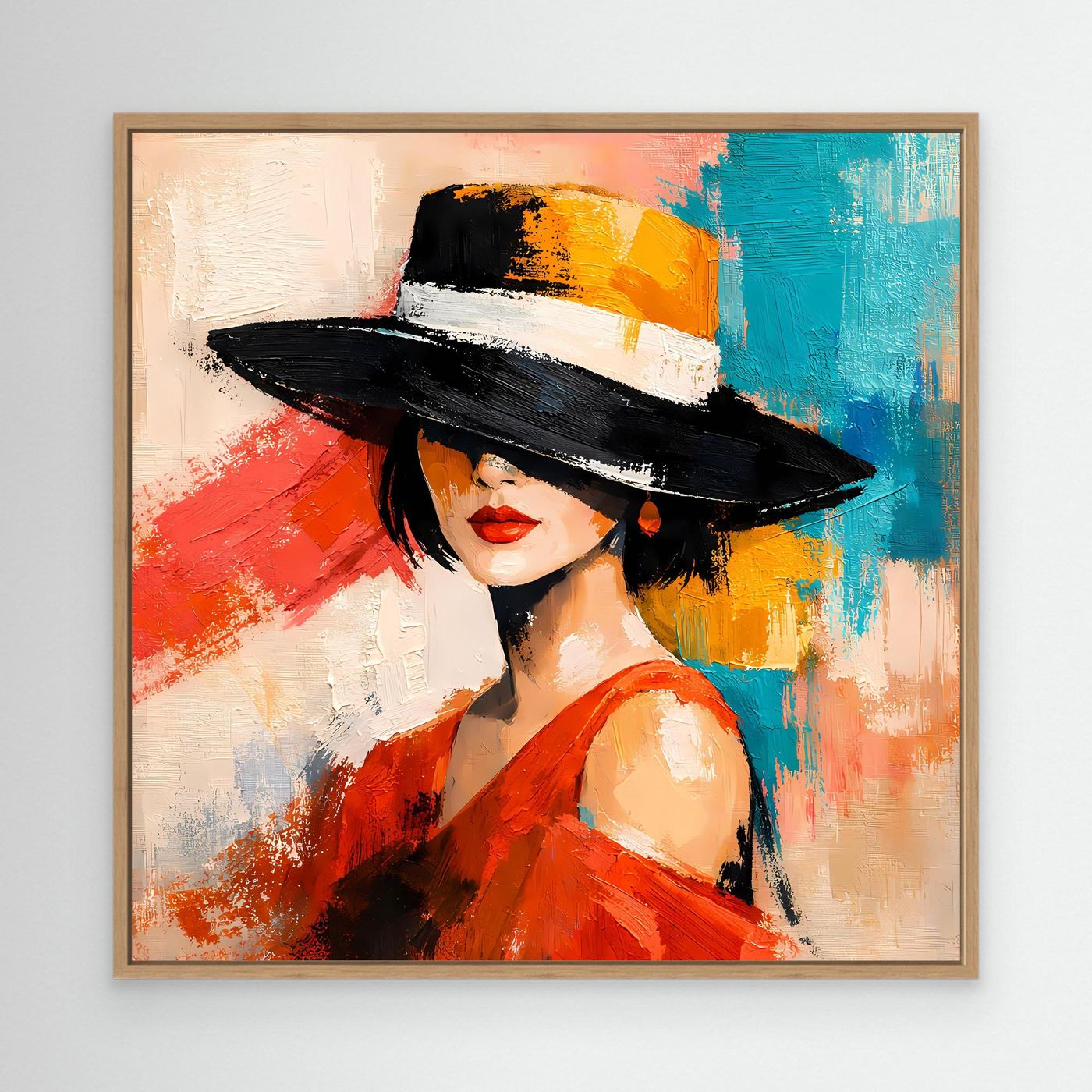 Framed canvas wall art of a woman in a red dress and black hat with abstract paint strokes