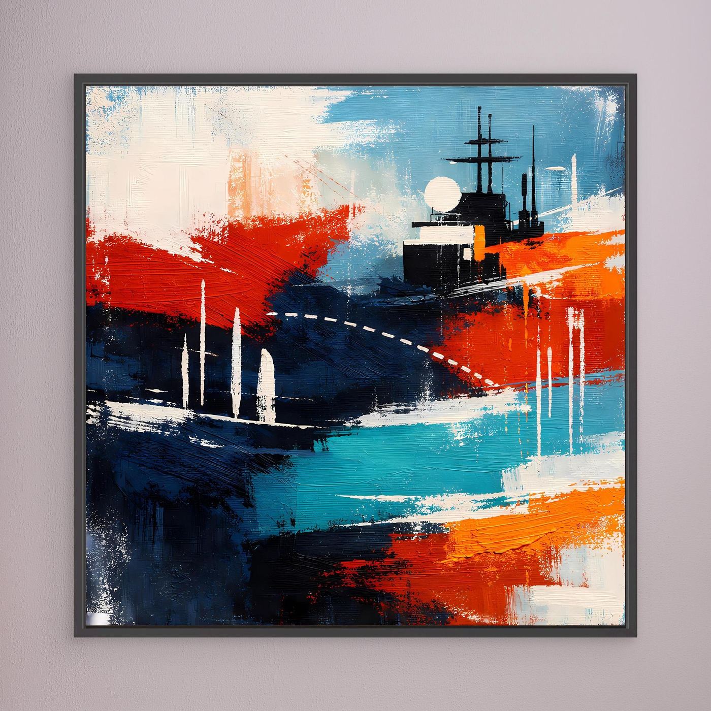 Leinwand-Wandbild mit abstraktem Schiff in Blau und Rot, türkise Elemente, dunkel gerahmt