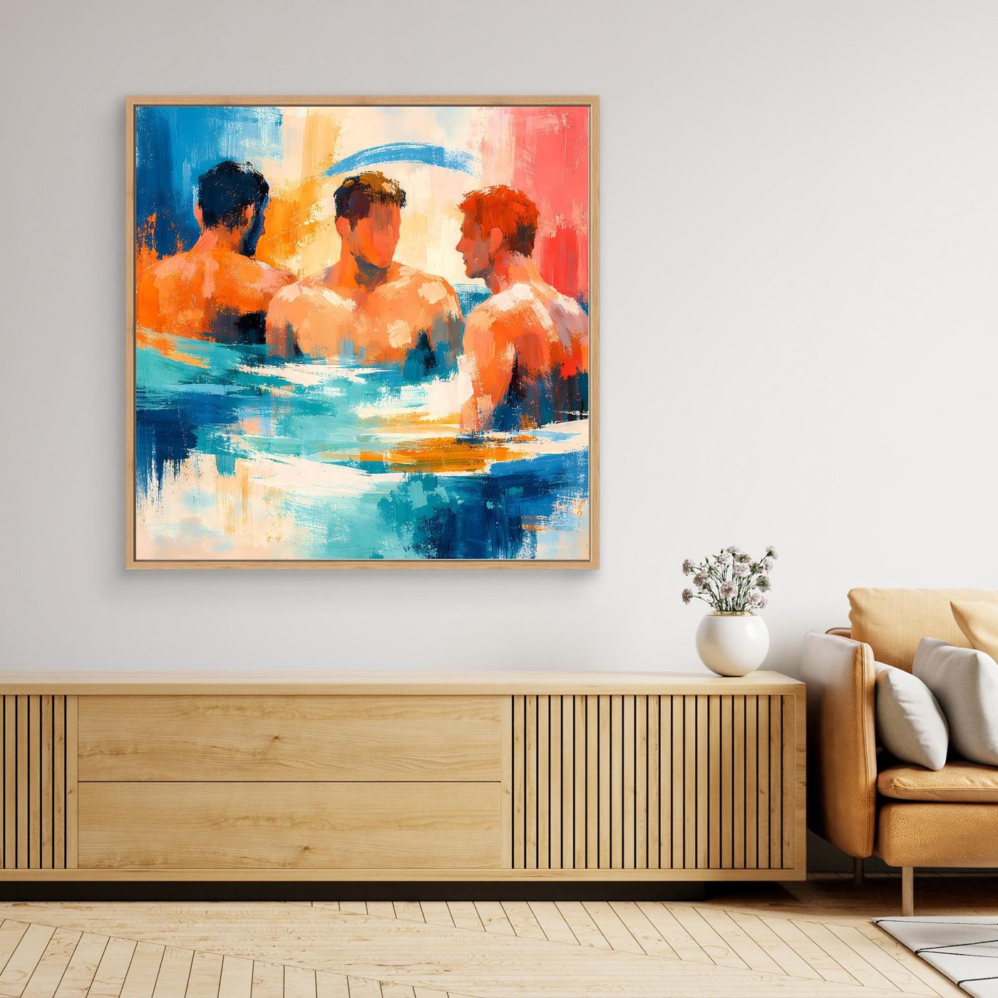 Abstract canvas wall art with oak frame: swimmers in blue and orange water