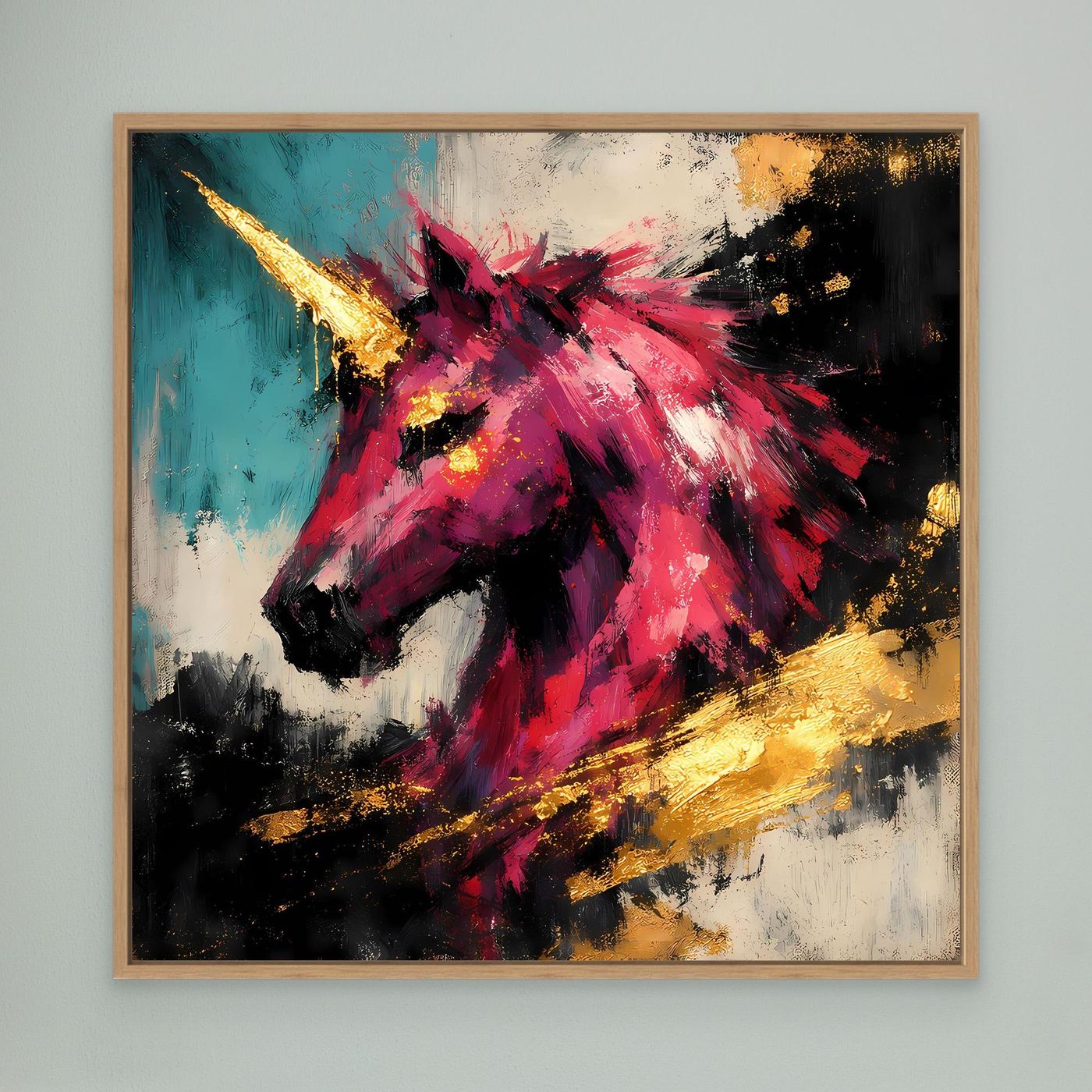 Leinwand-Einhornbild, abstraktes pinkes Einhorn mit goldenen Akzenten, türkis-schwarz, naturfarben gerahmt