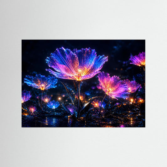 Wandbild mit leuchtenden Neonblumen in Blau, Pink und Violett