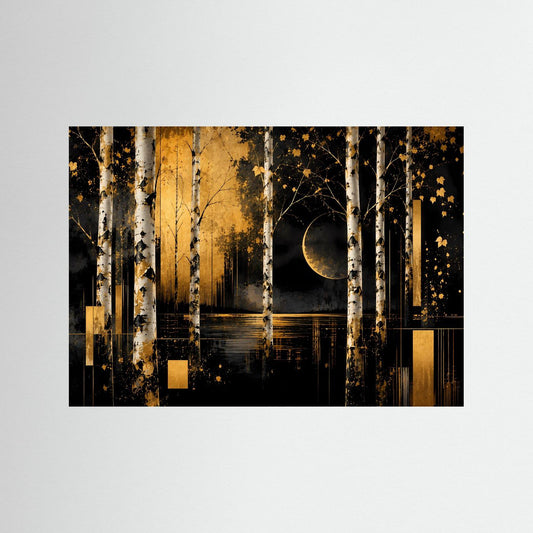 Querformat-Poster: Birkenwald Schwarz und Gold, Mondsichel, Spiegelung; schwarzer Rahmen