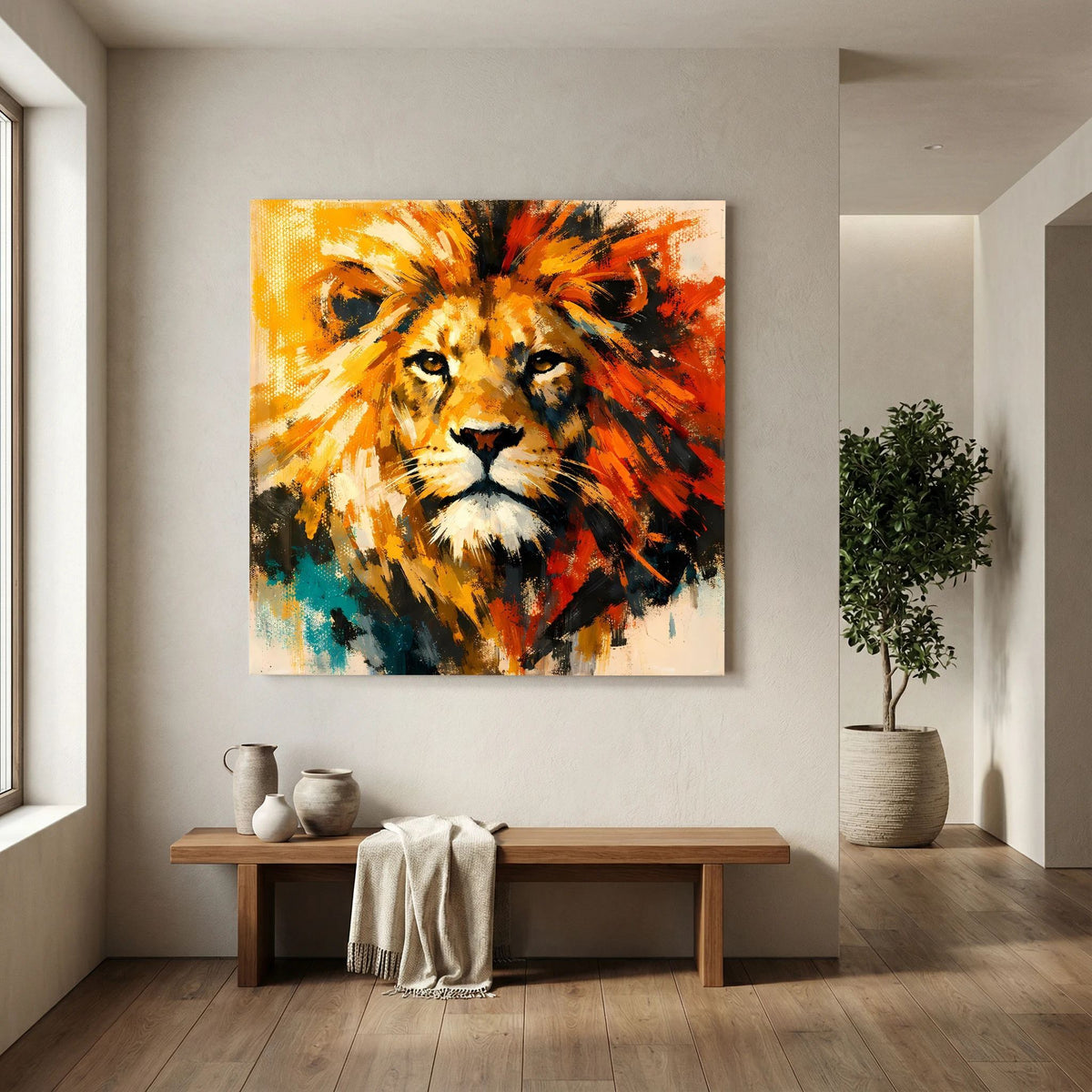Leinwand Abstraktes Löwen Gemälde | Modernes Kraftvolles Tier Wandbild Bunt