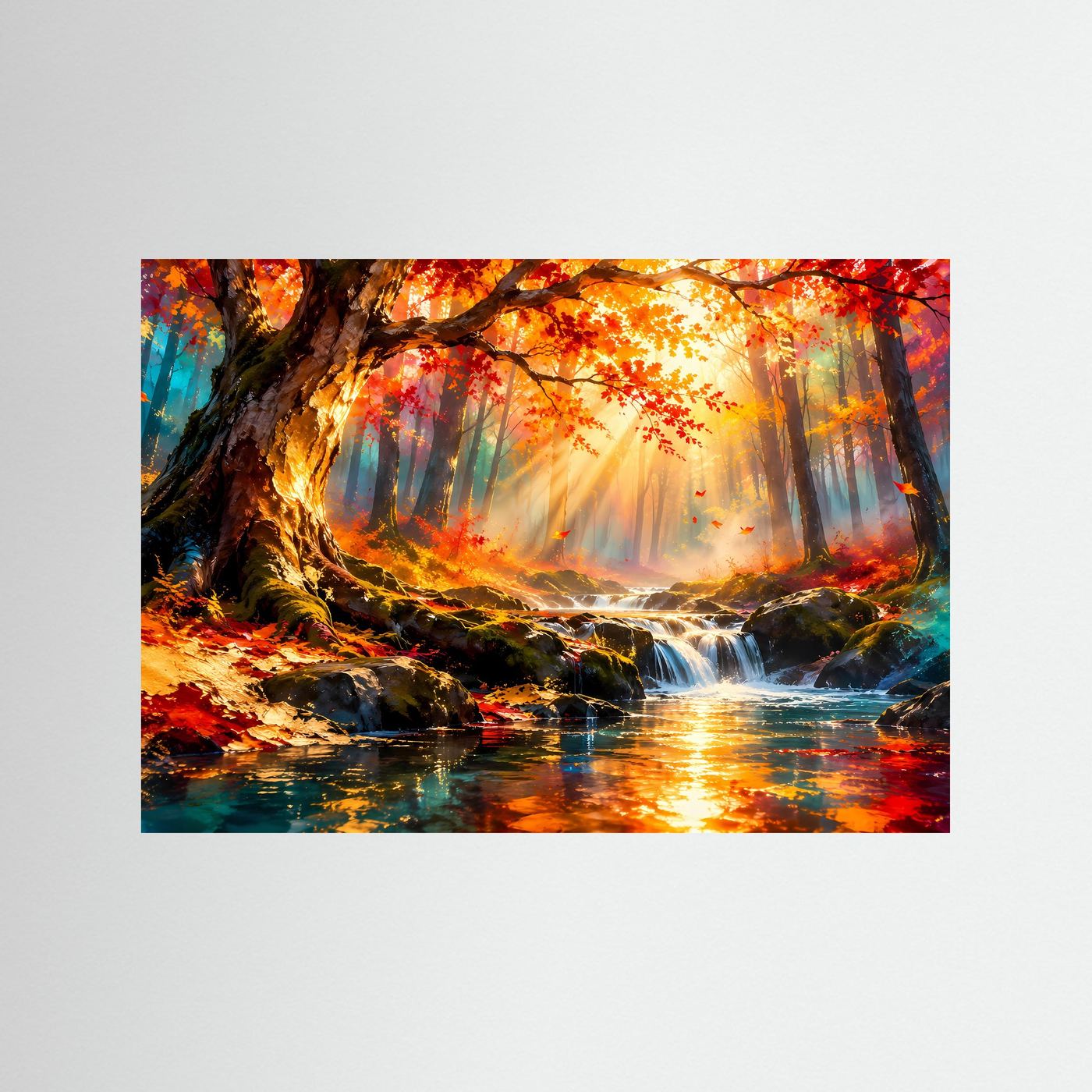 Wandposter Herbstwald mit Fluss, goldenen Sonnenstrahlen und bunten Blättern