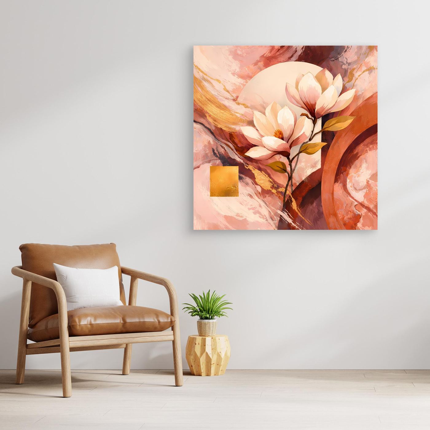 Leinwandbild mit Magnolien in Rosé- und Goldtönen, abstraktes florales Motiv