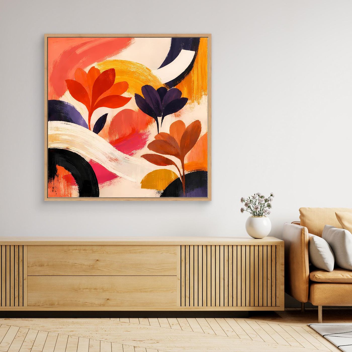Quadratisches Leinwandbild: abstrakte Blumenmotive in warmen Orange- und Blautönen.