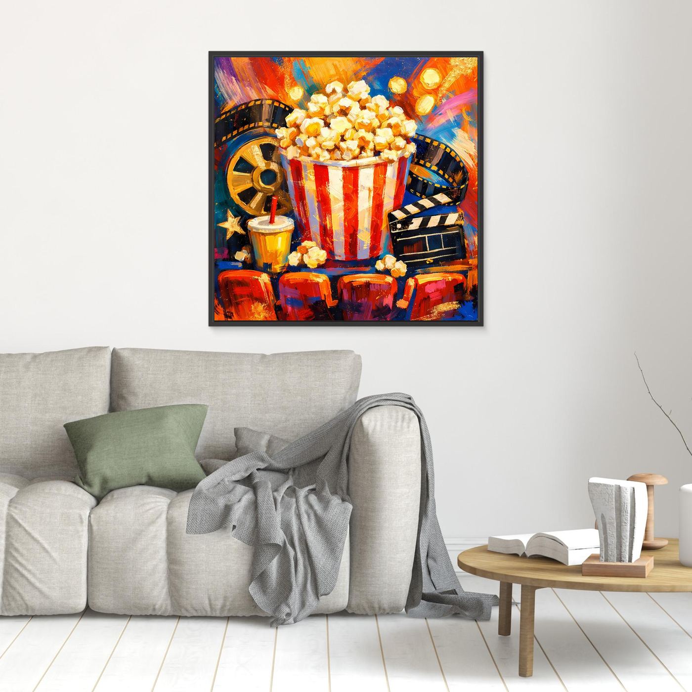 Gerahmtes Leinwandbild mit Popcorn-Eimer und Filmstreifen