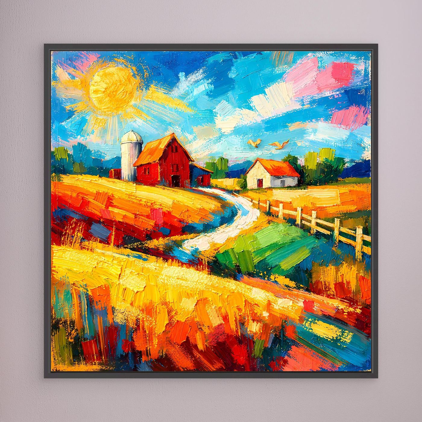 Leinwandbild mit Feldzaun, roten Häusern und gelber Sonne, bunt gemalt, schwarz gerahmt