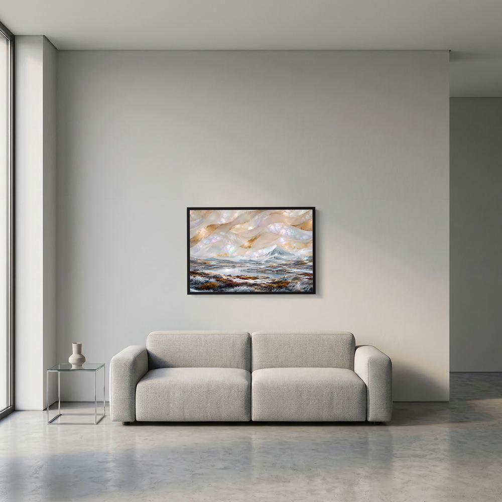 Kleines Poster mit abstrakter Winterlandschaft, Berge und See; schwarzer Rahmen