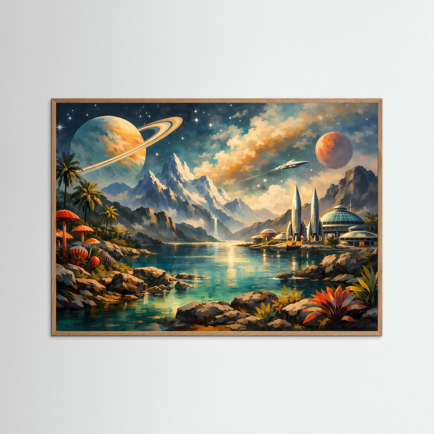 Science-Fiction Landschaft Poster | Futuristische Alien-Welt mit Saturn, Raumstation und Bergen | Sci-Fi Wandbild Fantasy Universum