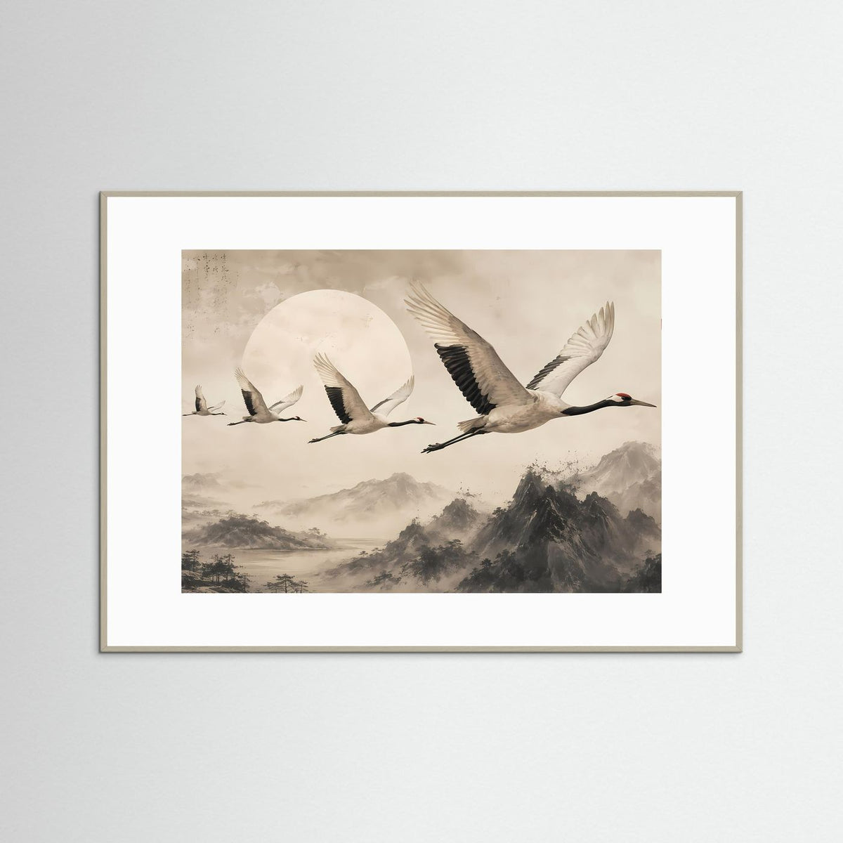 Querformat-Poster mit fliegenden Kranichen, Beige-Landschaft und grauem Holzrahmen