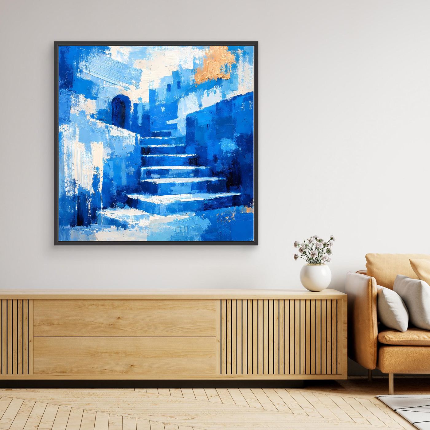 Gerahmtes Wandbild mit abstraktem Gassenmotiv in Blau und Treppenoptik, schwarzer Rahmen
