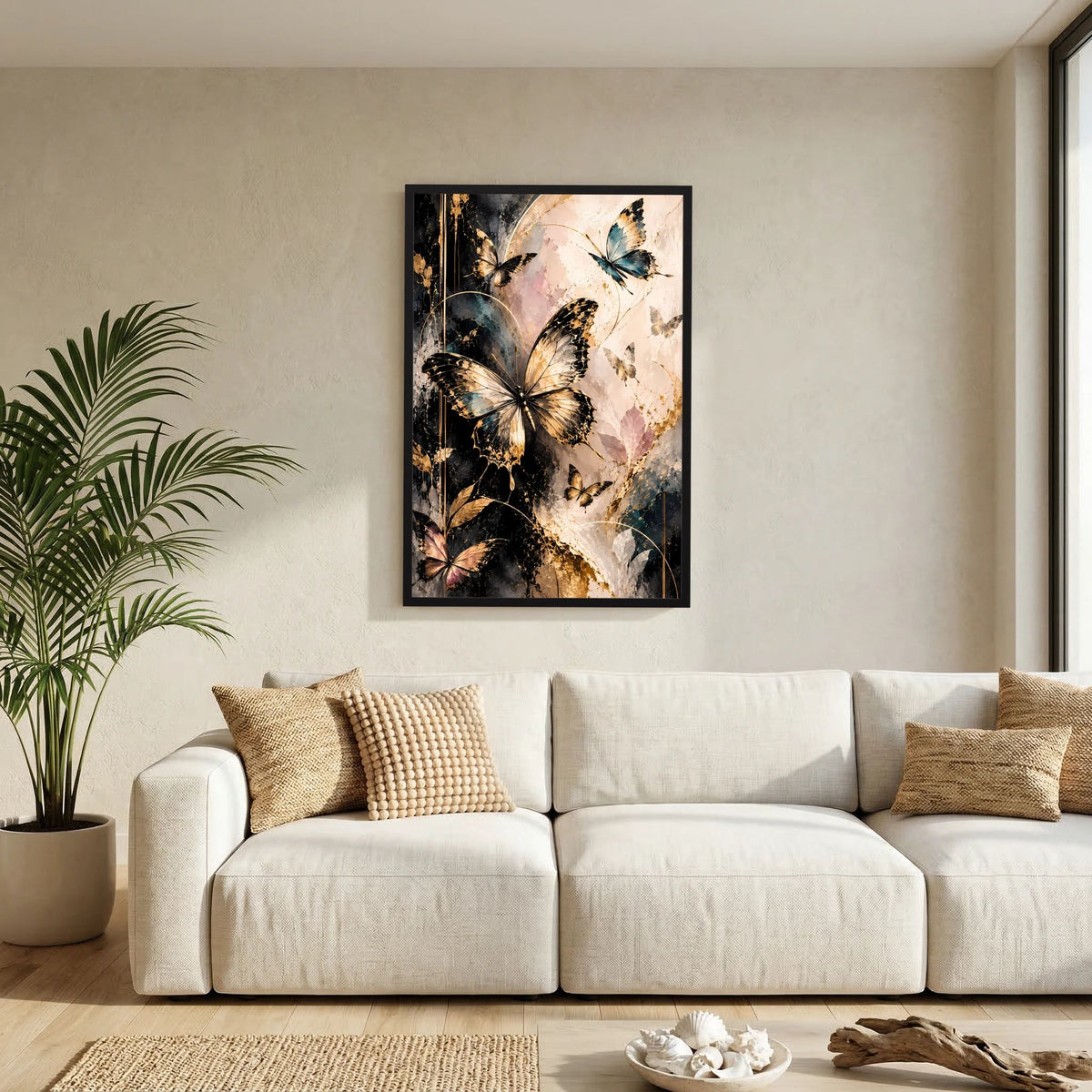 Wandposter mit Schmetterlingsmotiv in Gold, Schwarz und Blau, im schwarzen Rahmen.